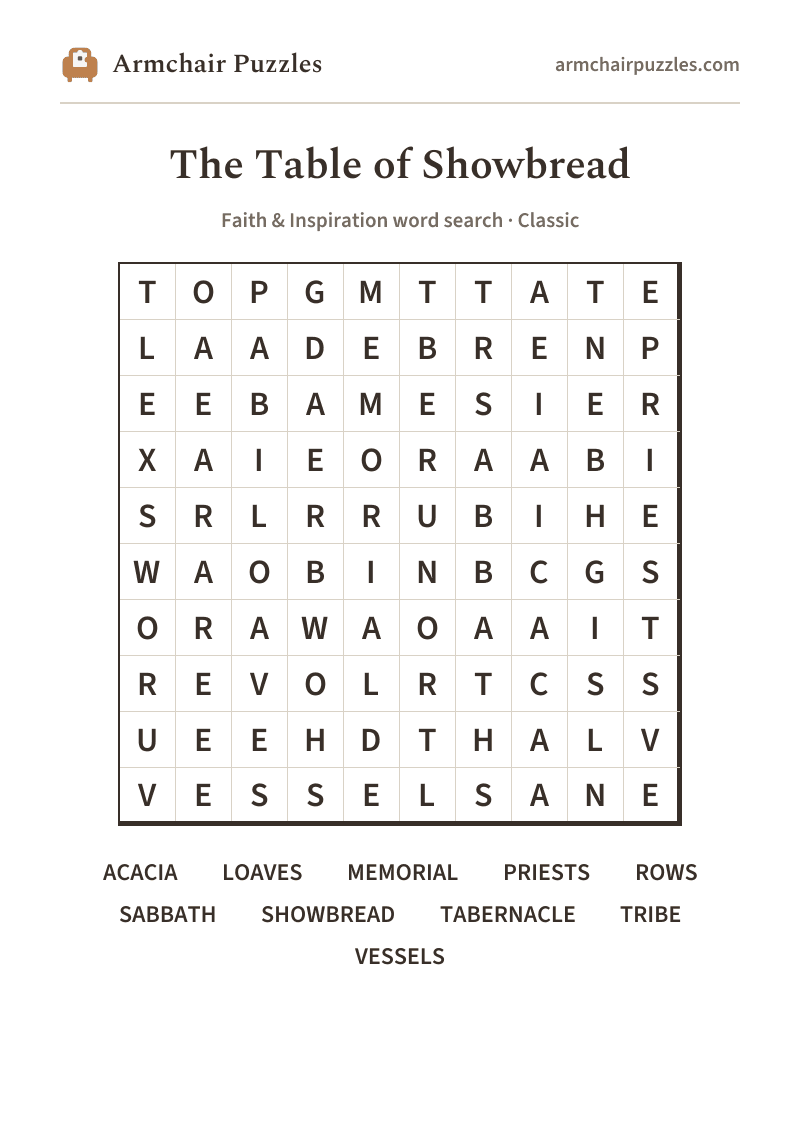 The printable The Table of Showbread word search sheet