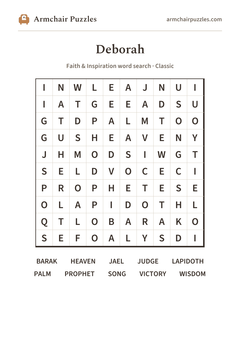 The printable Deborah word search sheet