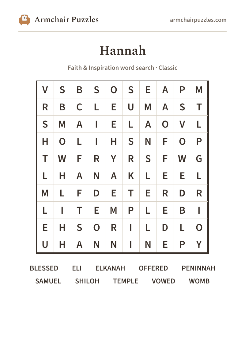 The printable Hannah word search sheet