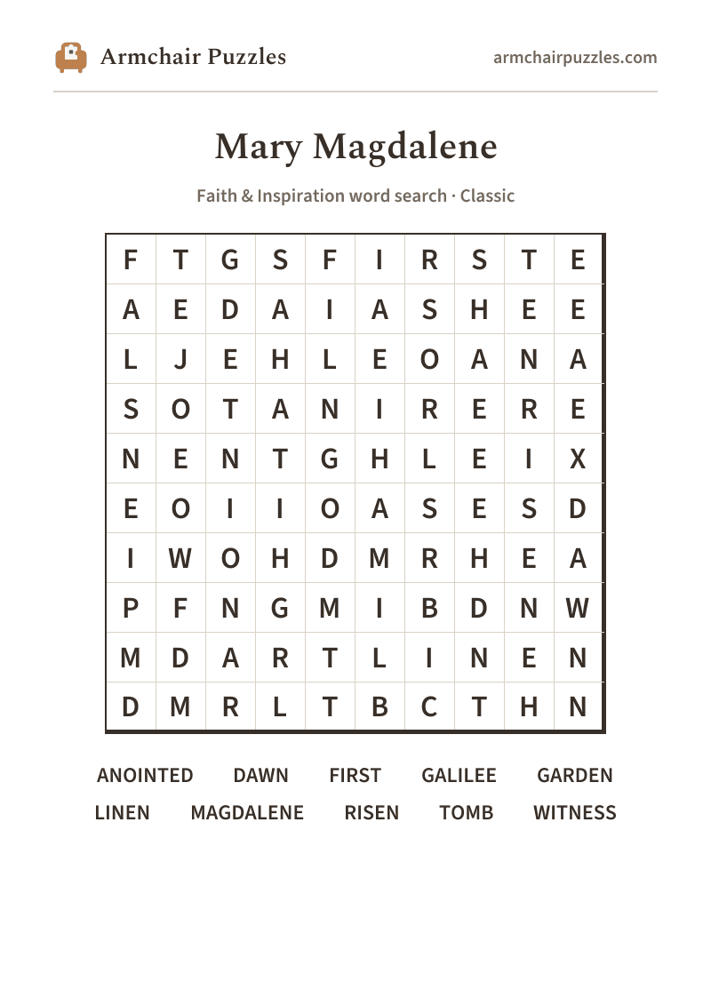 The printable Mary Magdalene word search sheet