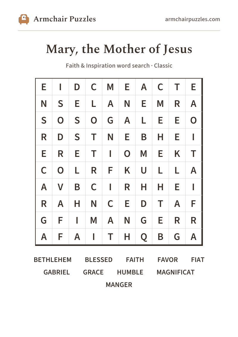 The printable Mary, the Mother of Jesus word search sheet
