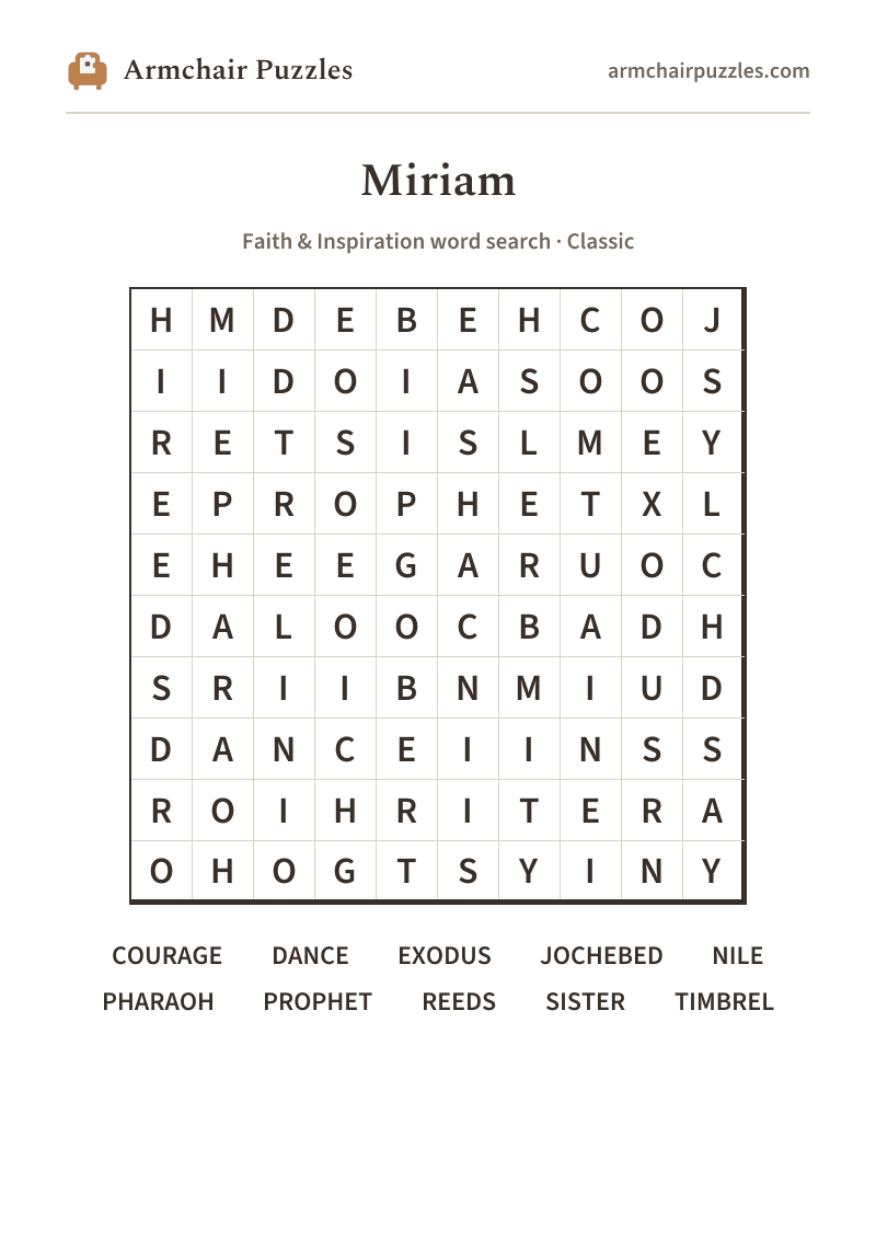 The printable Miriam word search sheet