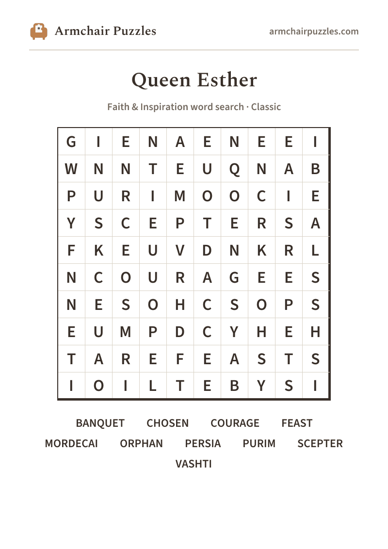 The printable Queen Esther word search sheet