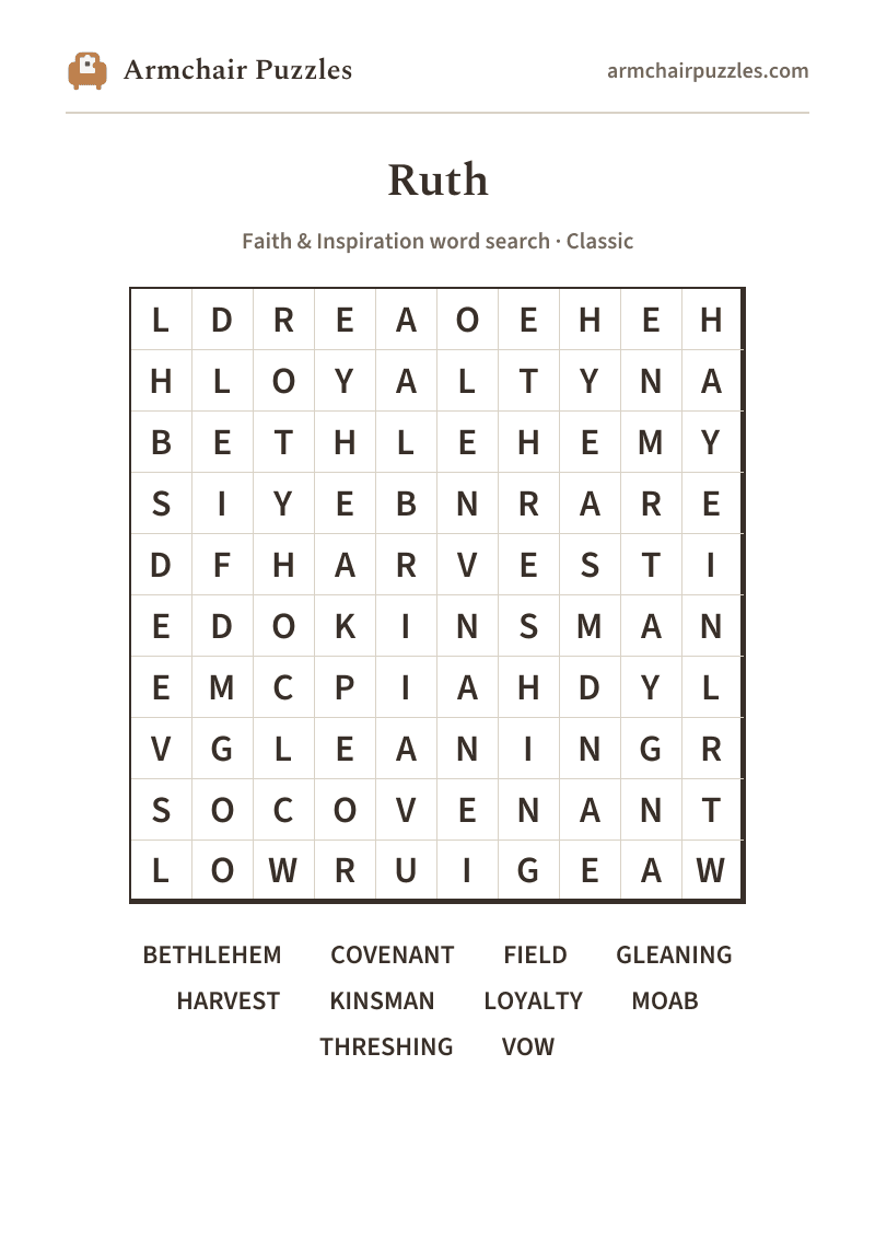 The printable Ruth word search sheet