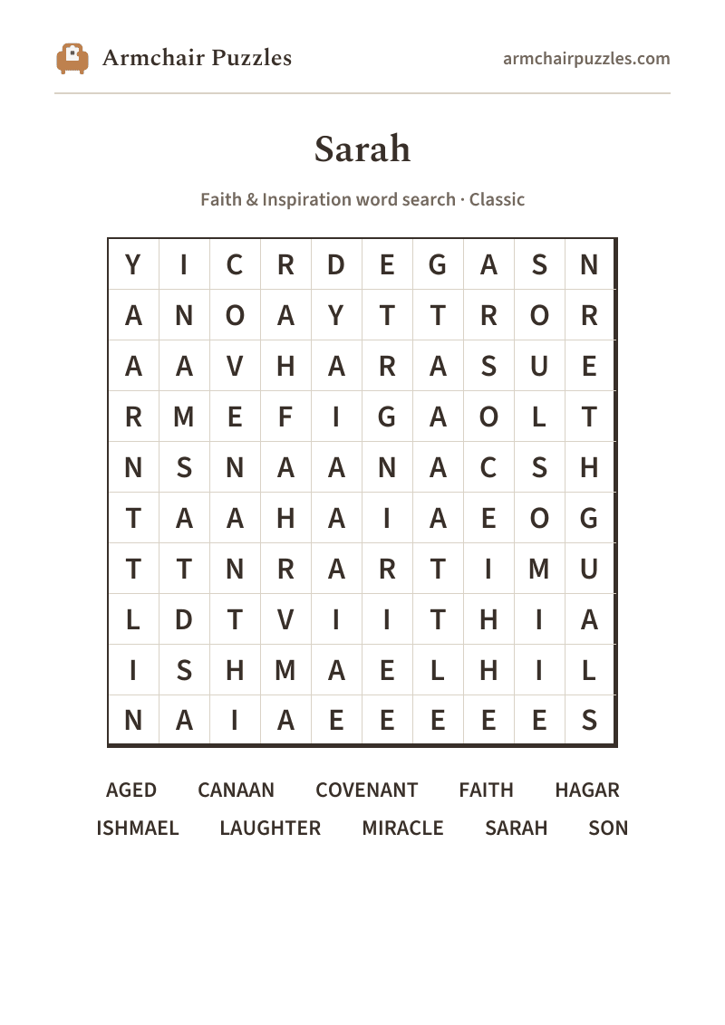 The printable Sarah word search sheet