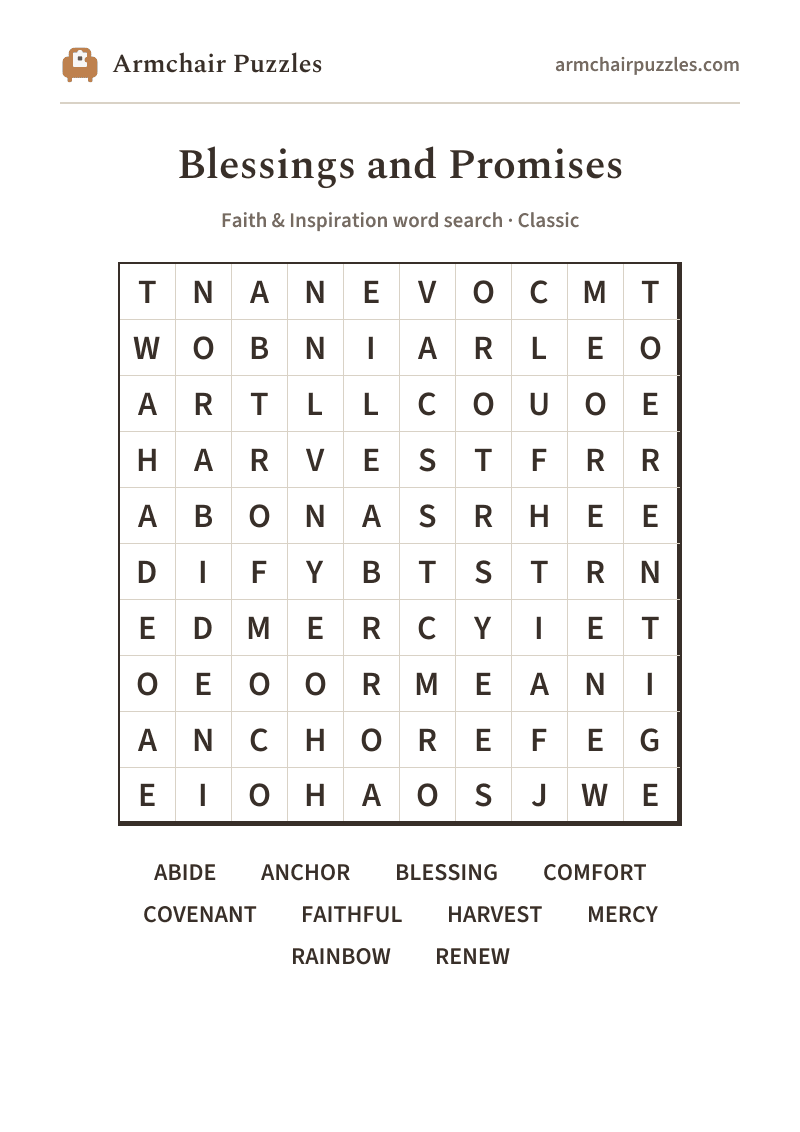 The printable Blessings and Promises word search sheet