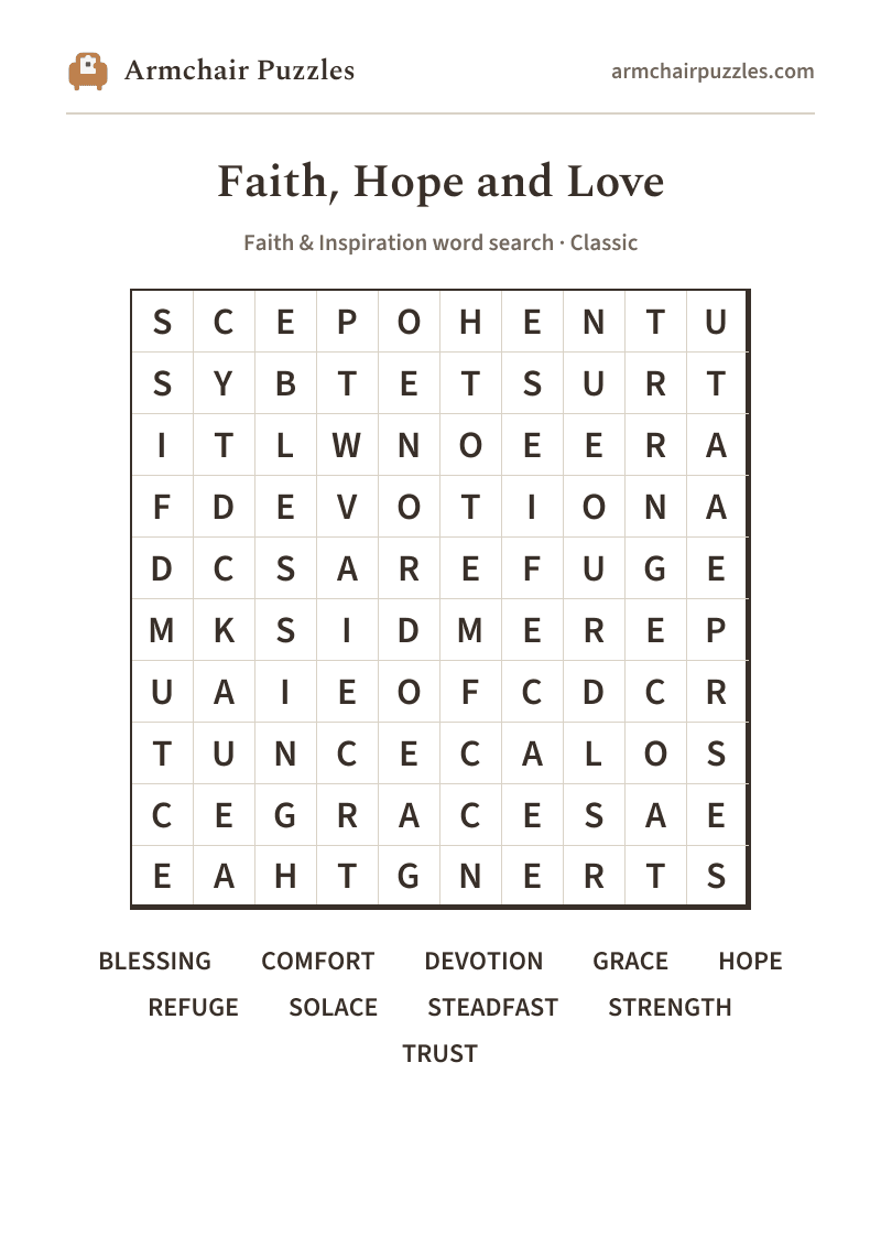 The printable Faith, Hope and Love word search sheet