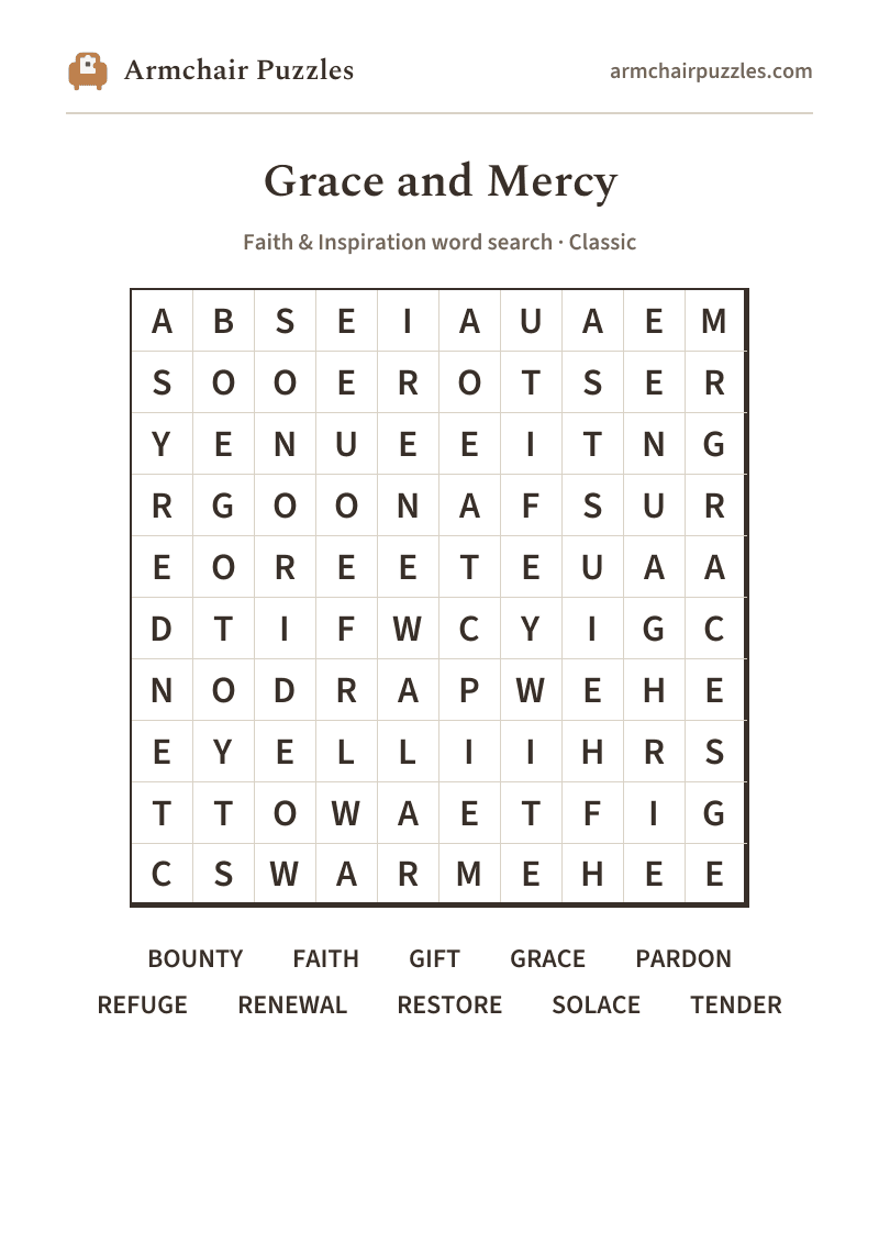 The printable Grace and Mercy word search sheet