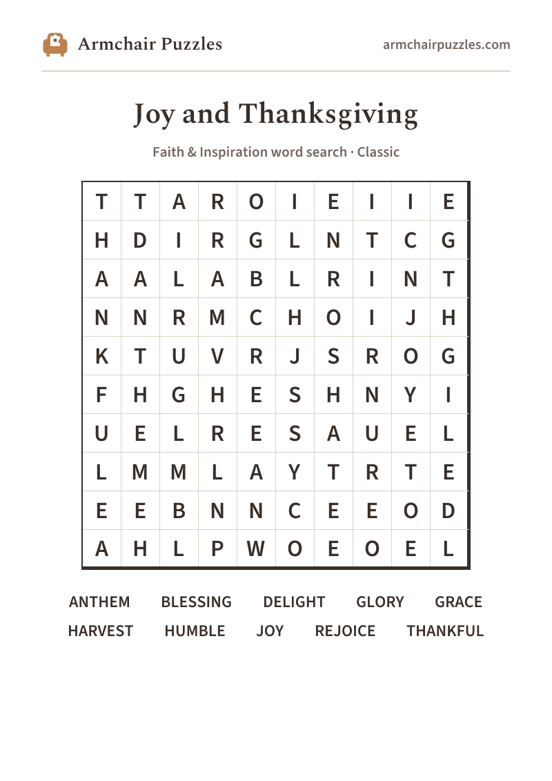 The printable Joy and Thanksgiving word search sheet