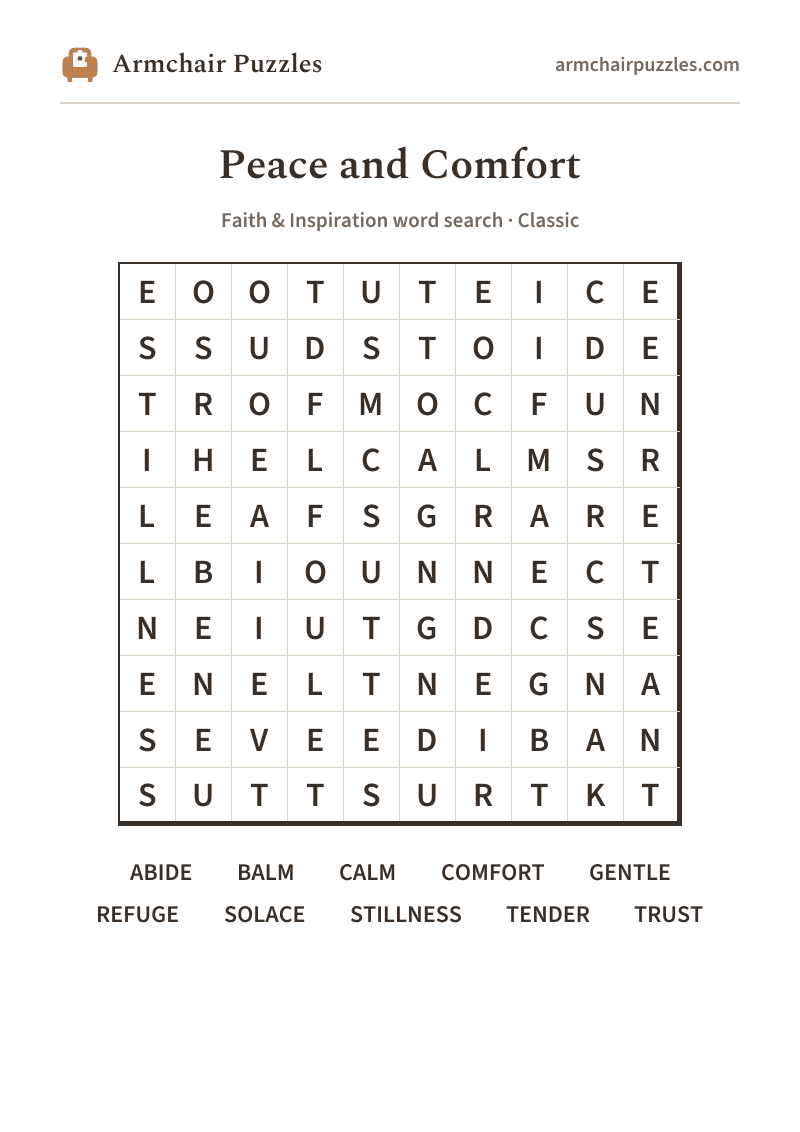The printable Peace and Comfort word search sheet
