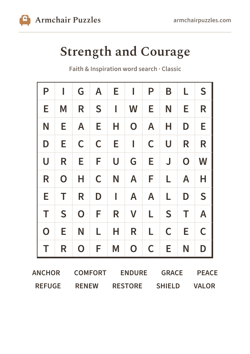 The printable Strength and Courage word search sheet