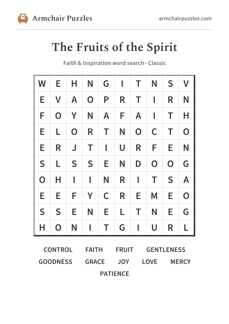 The printable The Fruits of the Spirit word search sheet