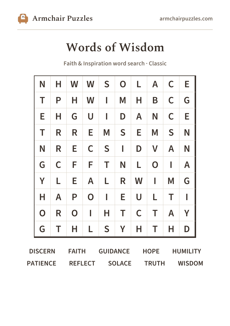 The printable Words of Wisdom word search sheet