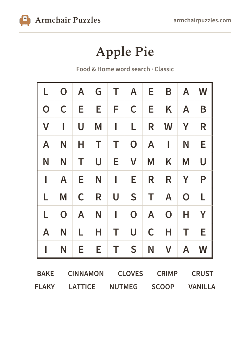 The printable Apple Pie word search sheet
