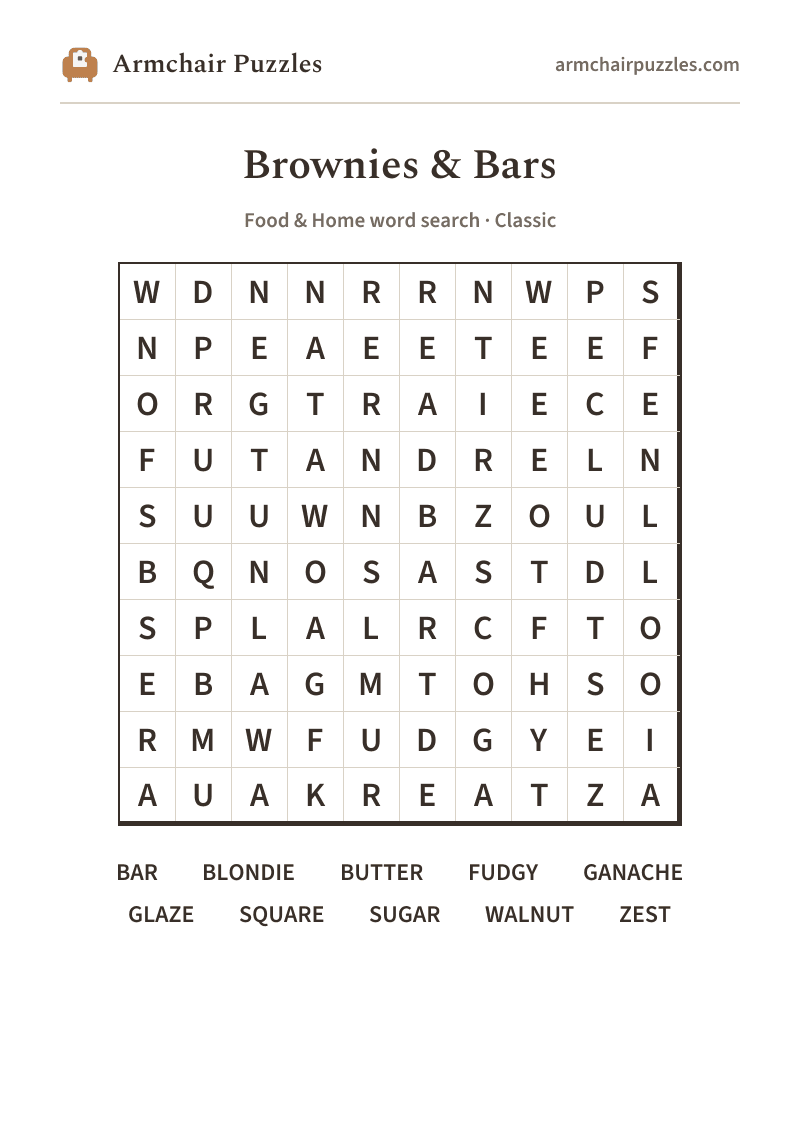 The printable Brownies & Bars word search sheet in large print