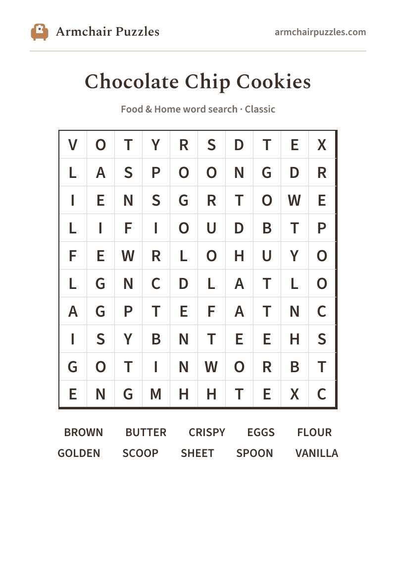 The printable Chocolate Chip Cookies word search sheet