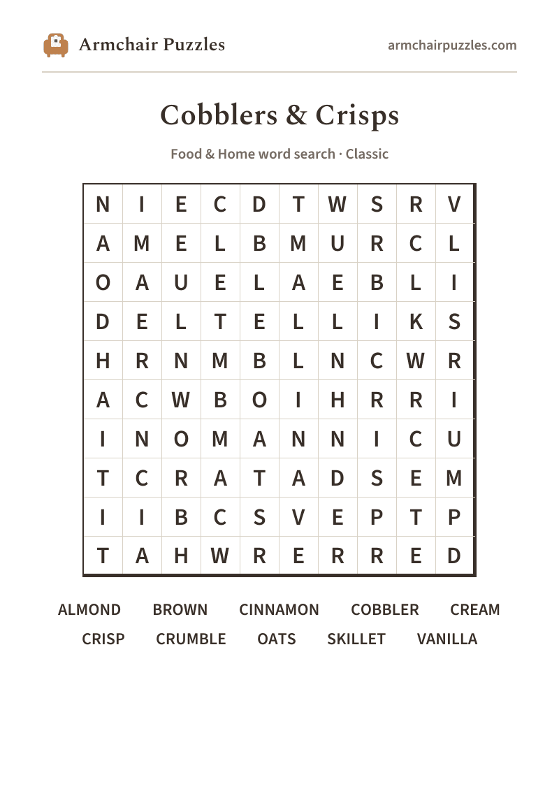 The printable Cobblers & Crisps word search sheet