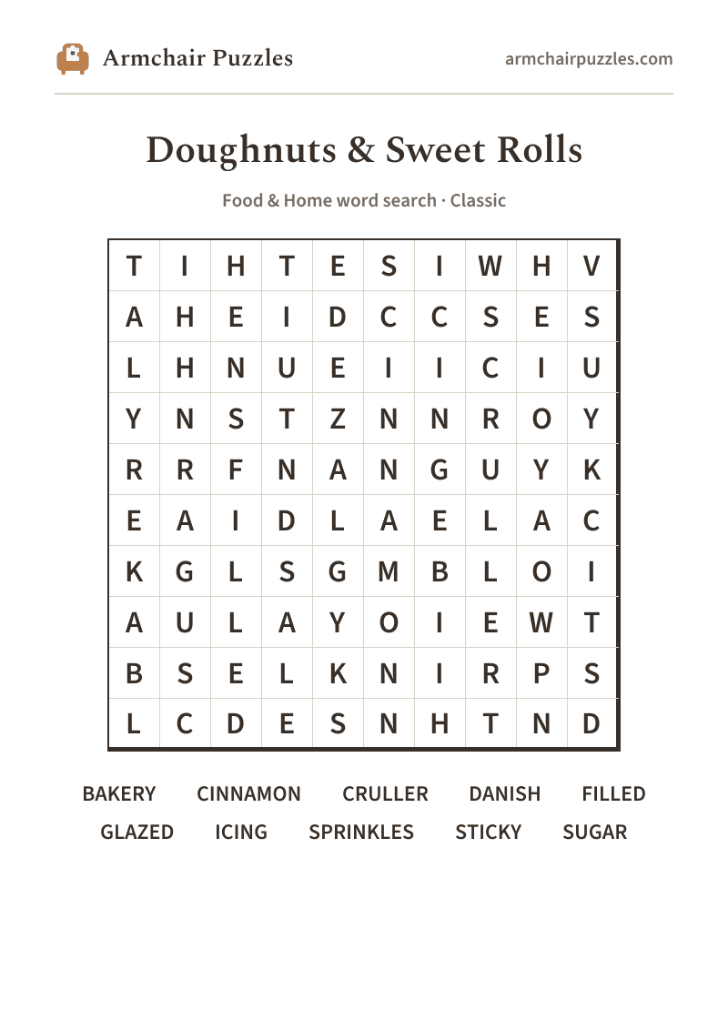 The printable Doughnuts & Sweet Rolls word search sheet