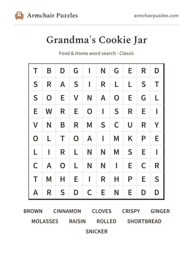 The printable Grandma's Cookie Jar word search sheet in large print