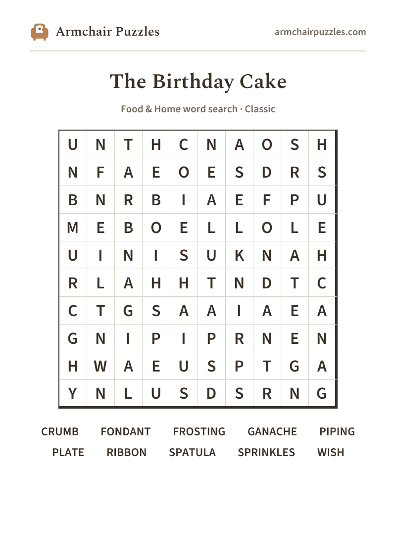 The printable The Birthday Cake word search sheet in large print