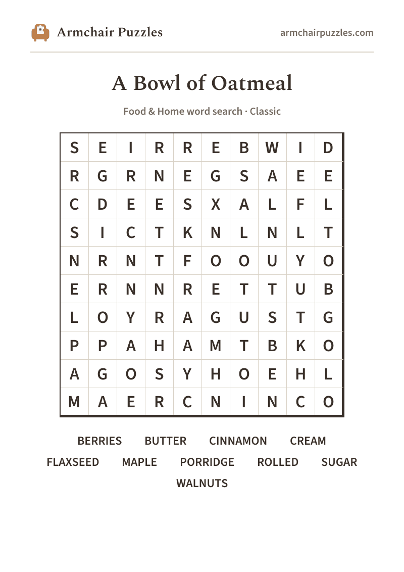 The printable A Bowl of Oatmeal word search sheet