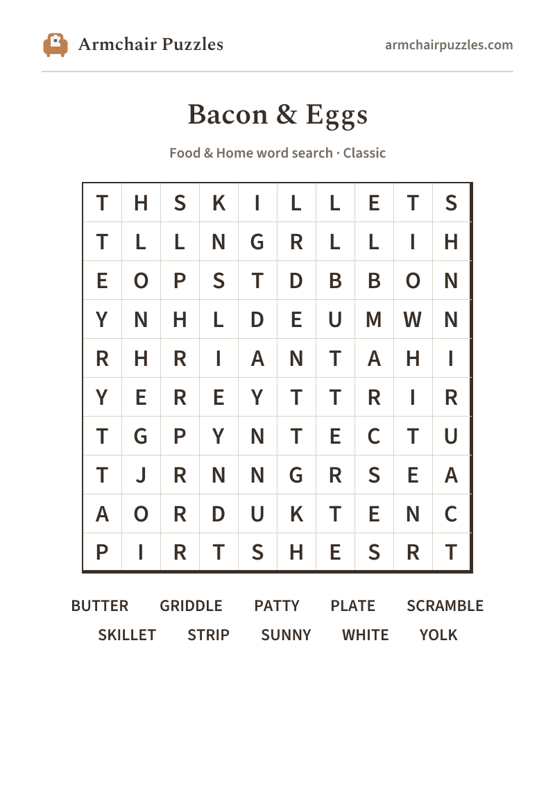 The printable Bacon & Eggs word search sheet: large-print Classic grid with its word list