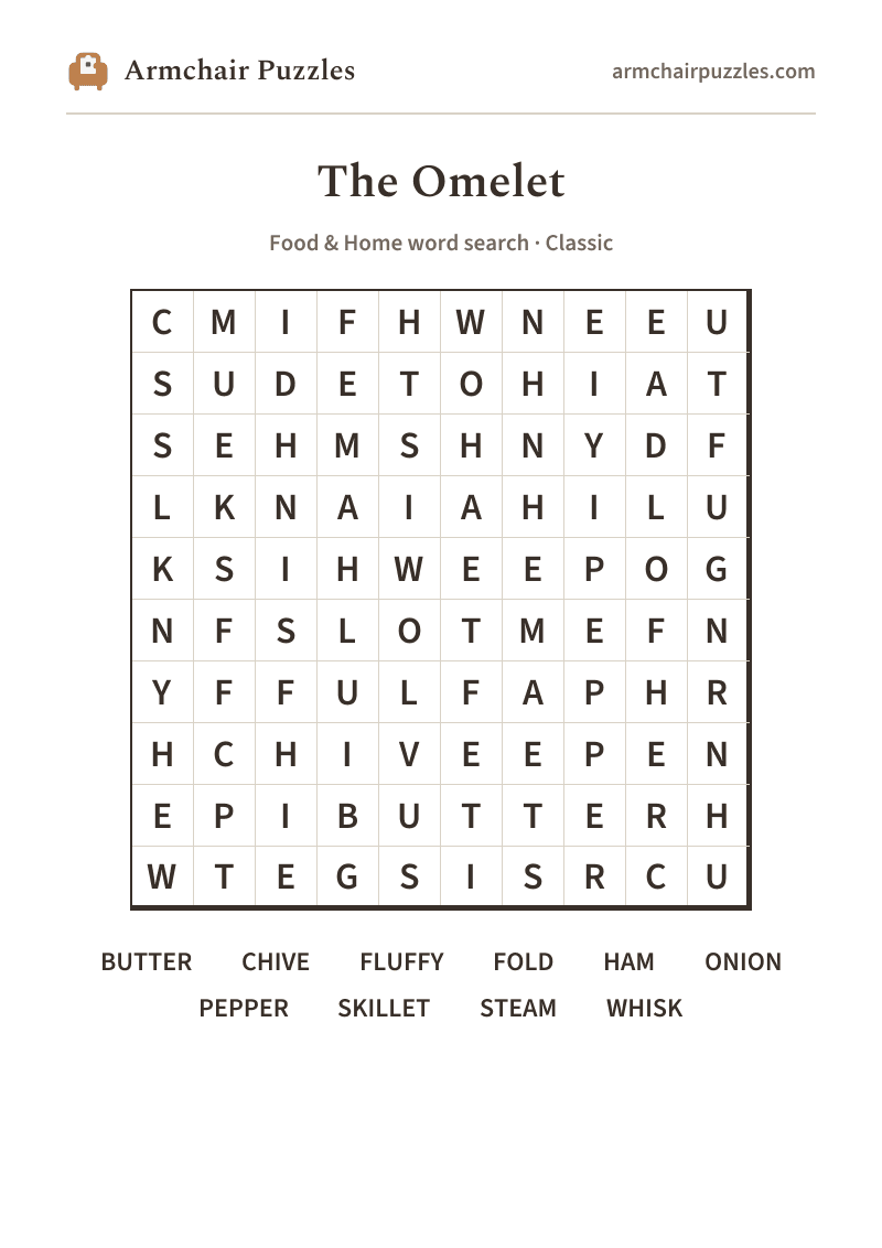 The printable The Omelet word search sheet: large-print Classic grid with its word list