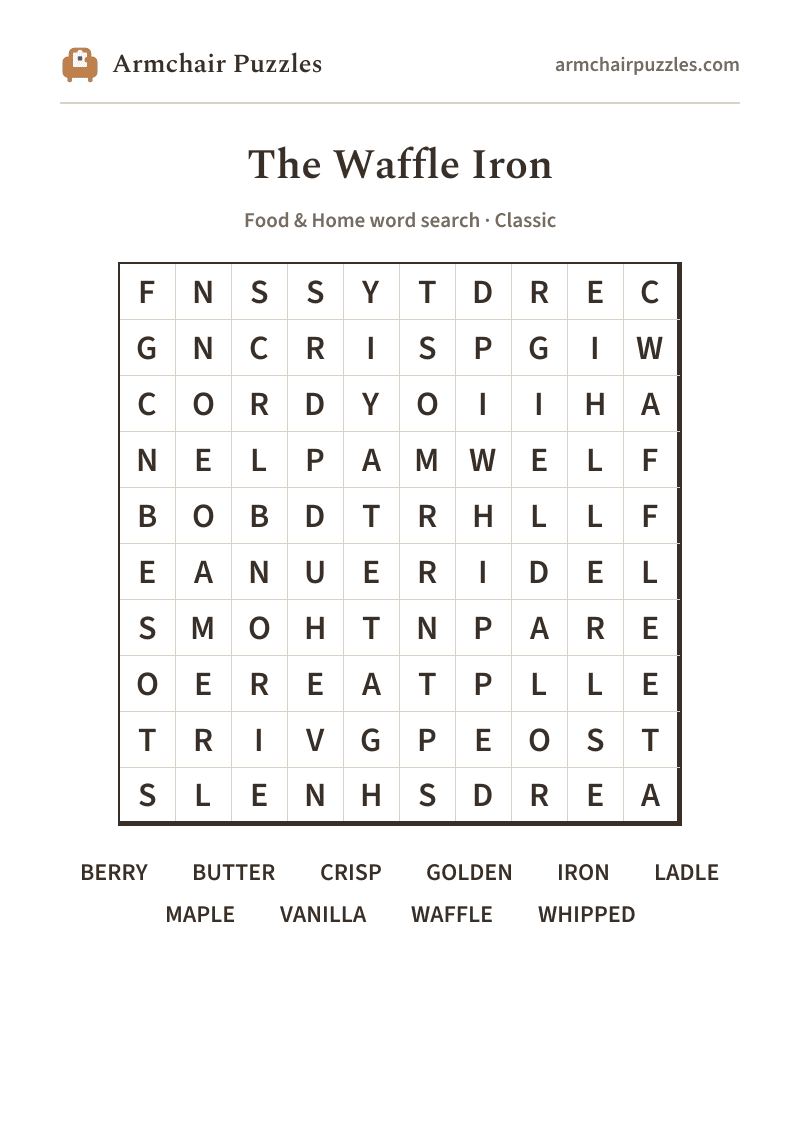 The printable The Waffle Iron word search sheet: large-print Classic grid with its word list