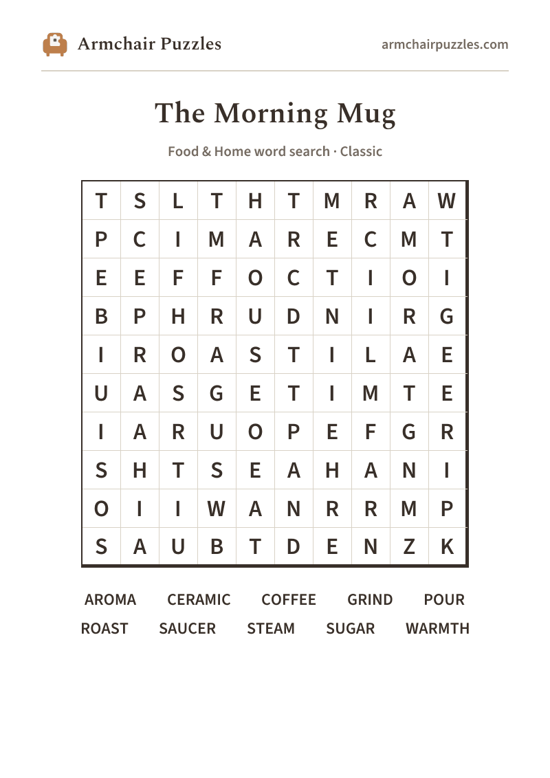 The printable The Morning Mug word search sheet: large-print Classic grid with its word list
