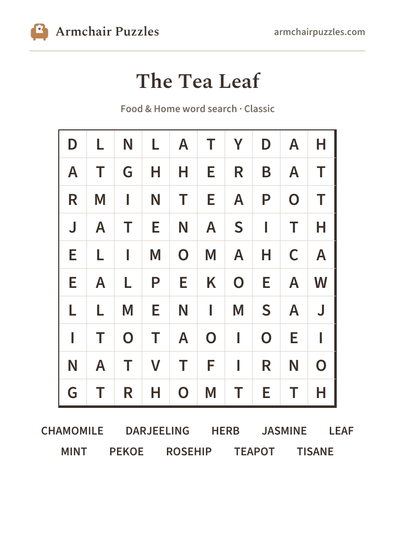 The printable The Tea Leaf word search sheet in large print