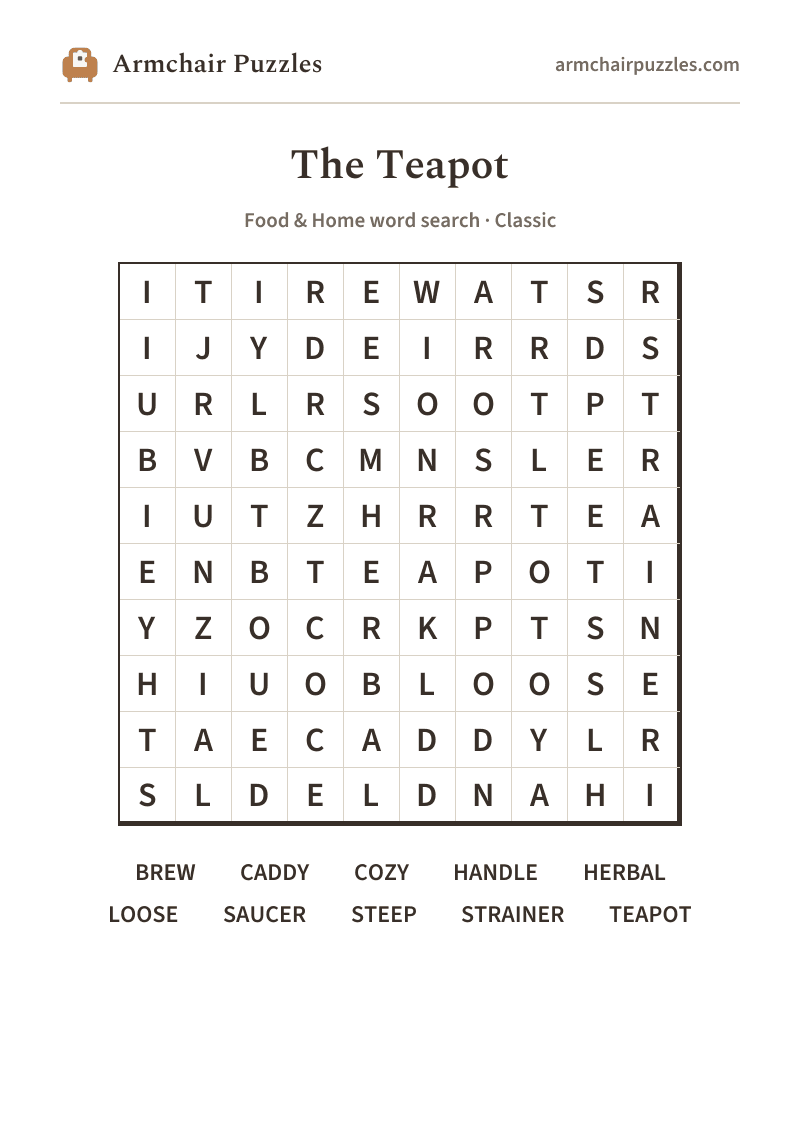 The printable The Teapot word search sheet: large-print Classic grid with its word list