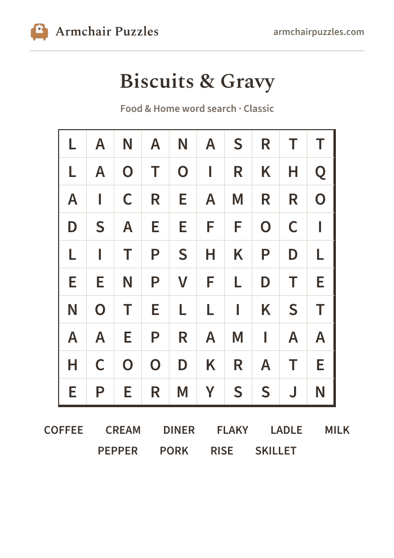The printable Biscuits & Gravy word search sheet