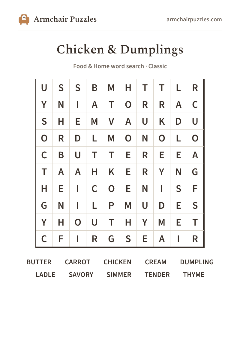 The printable Chicken & Dumplings word search sheet