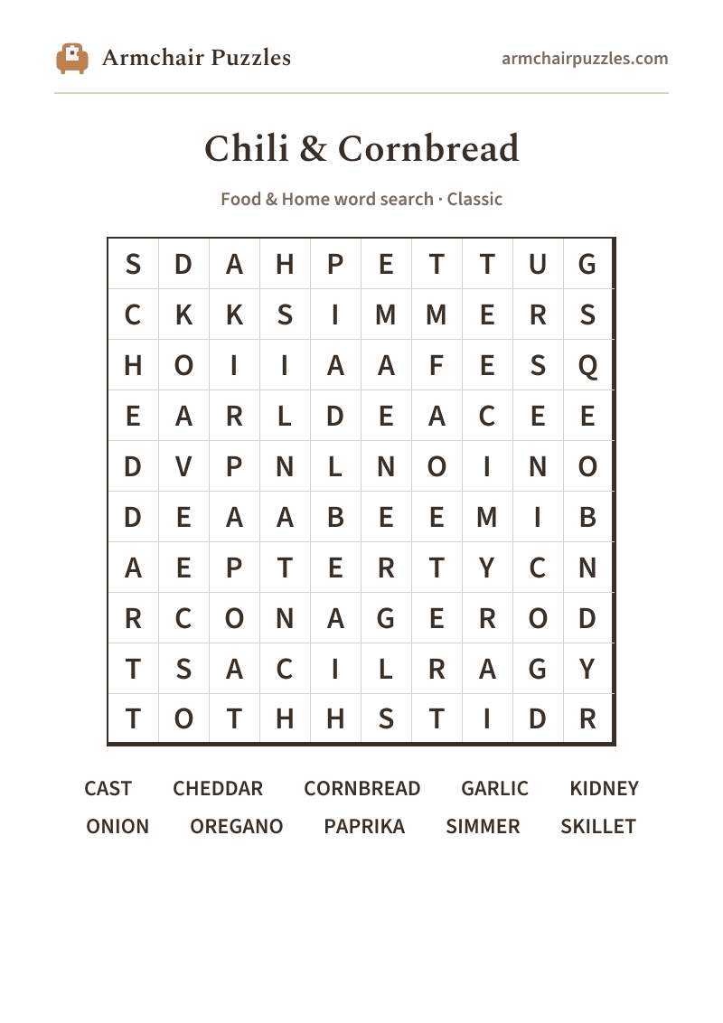 The printable Chili & Cornbread word search sheet