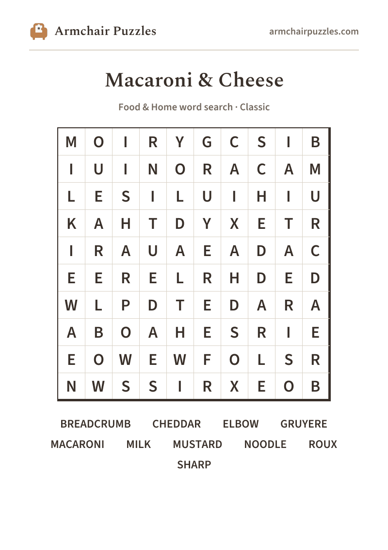 The printable Macaroni & Cheese word search sheet