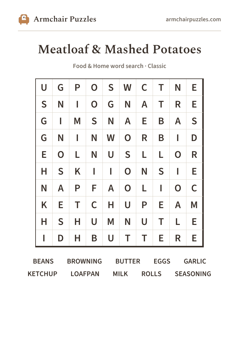 The printable Meatloaf & Mashed Potatoes word search sheet