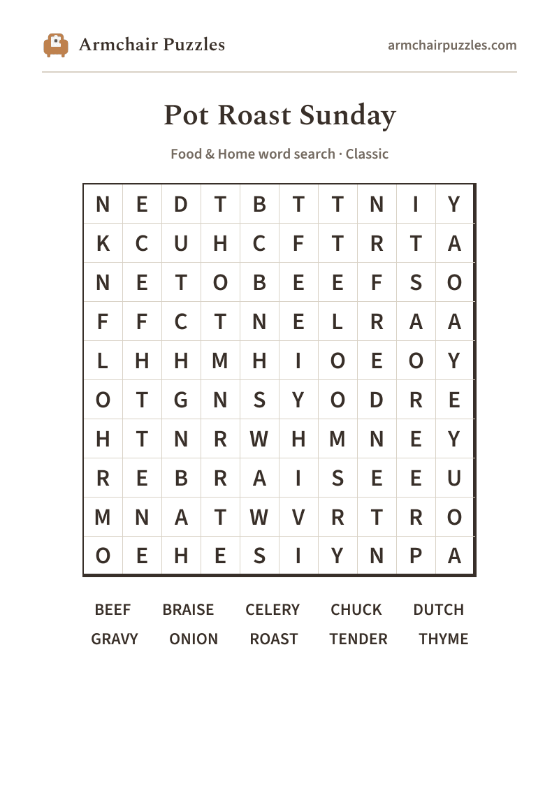 The printable Pot Roast Sunday word search sheet