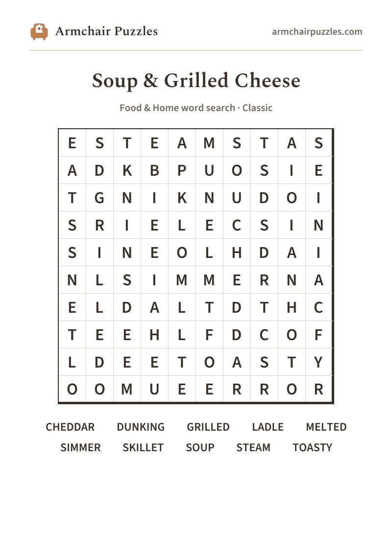 The printable Soup & Grilled Cheese word search sheet