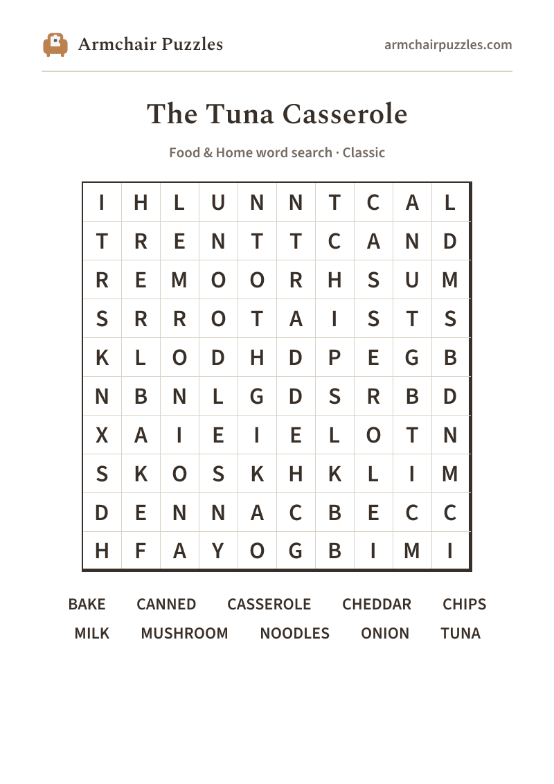 The printable The Tuna Casserole word search sheet in large print