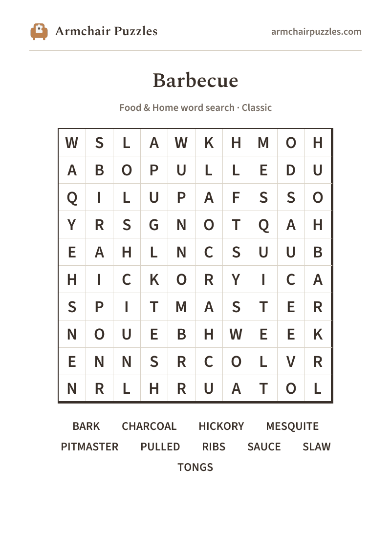 The printable Barbecue word search sheet