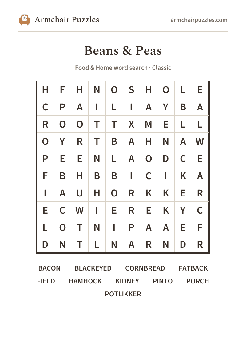 The printable Beans & Peas word search sheet