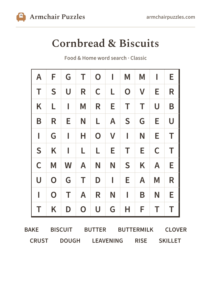 The printable Cornbread & Biscuits word search sheet