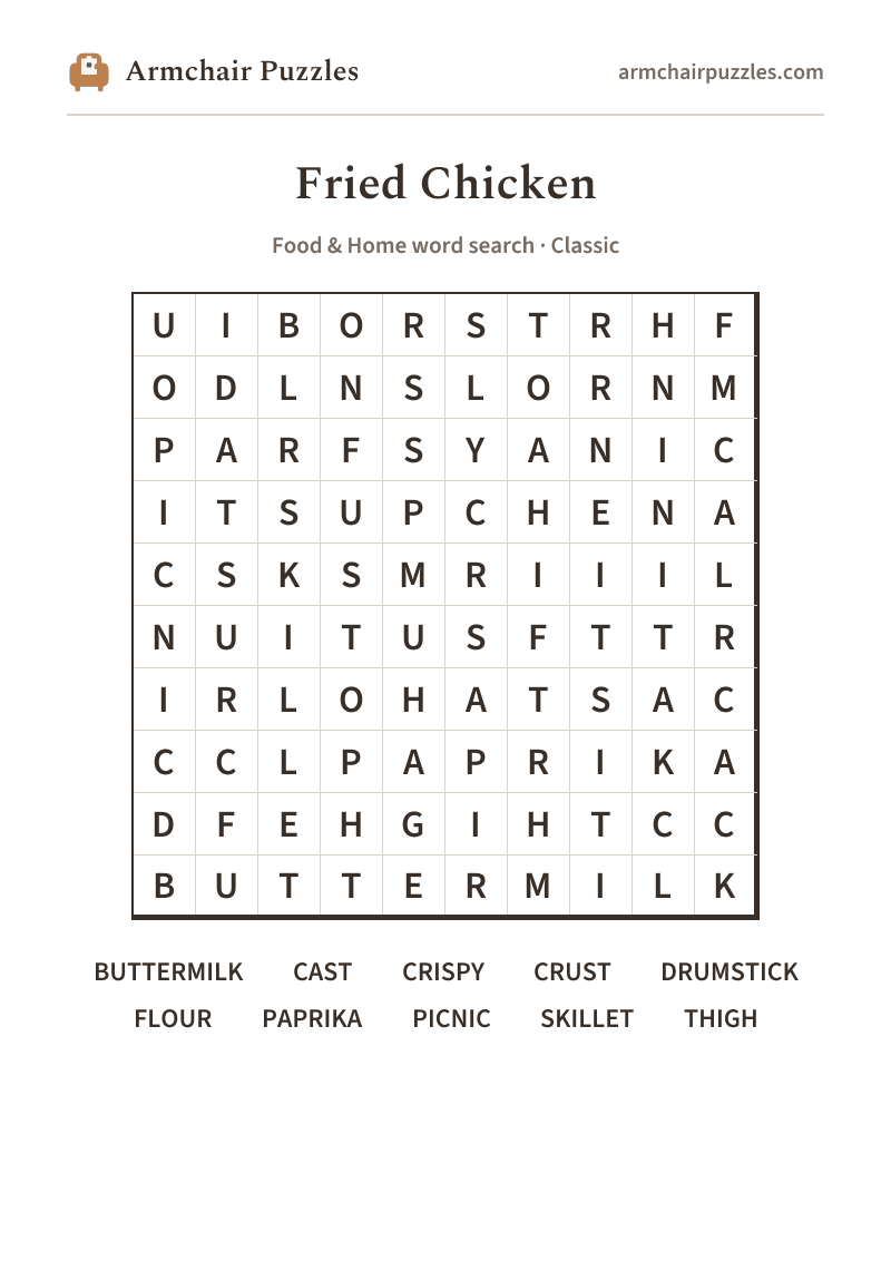 The printable Fried Chicken word search sheet