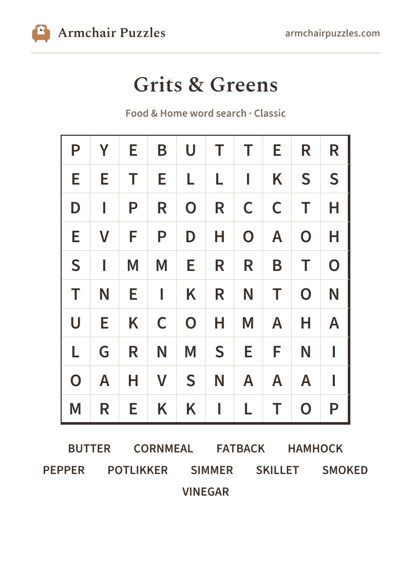 The printable Grits & Greens word search sheet