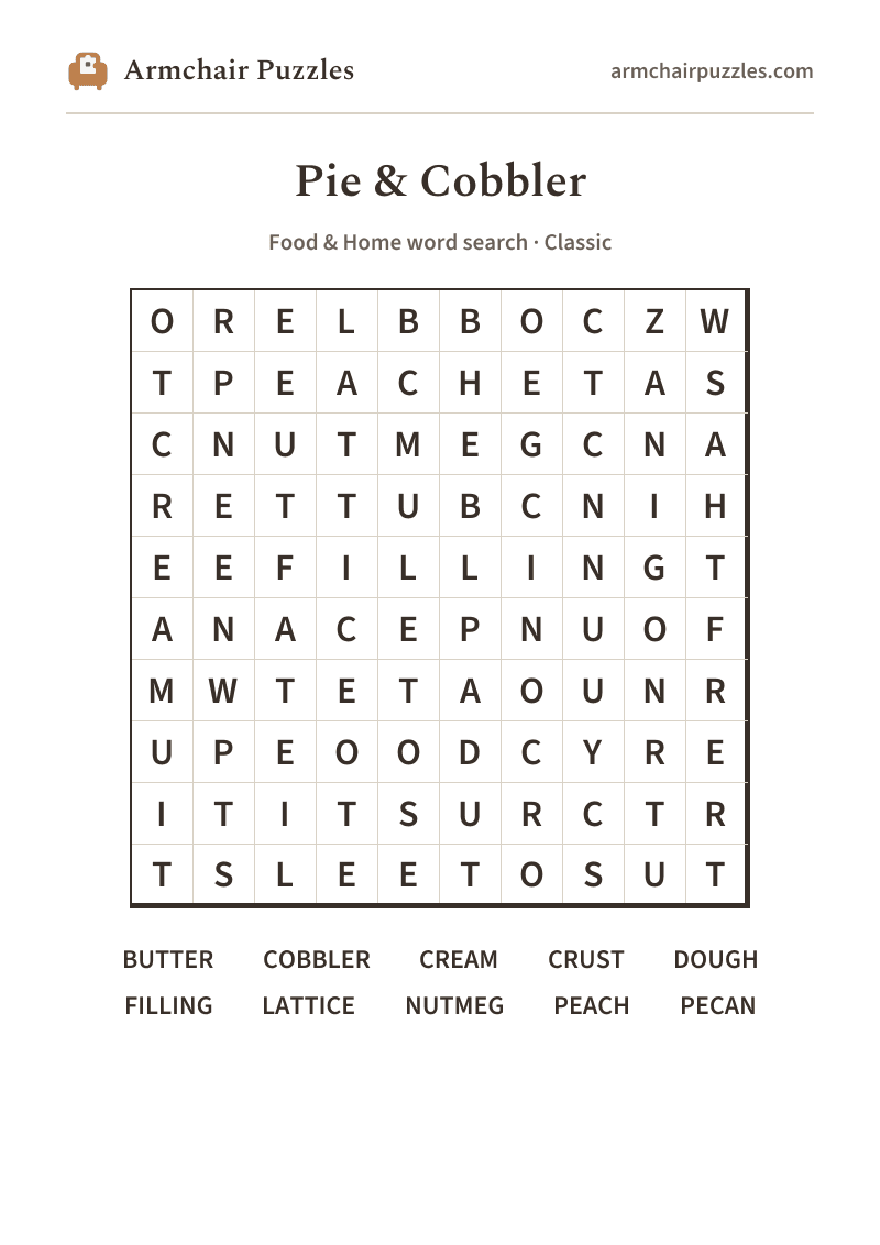 The printable Pie & Cobbler word search sheet in large print