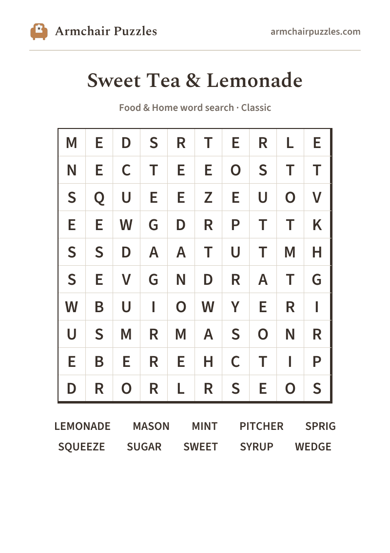 The printable Sweet Tea & Lemonade word search sheet