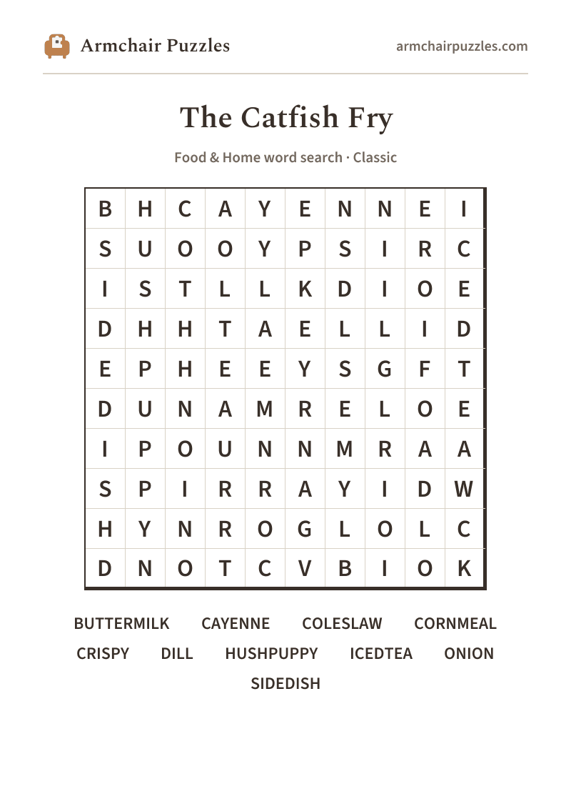 The printable The Catfish Fry word search sheet