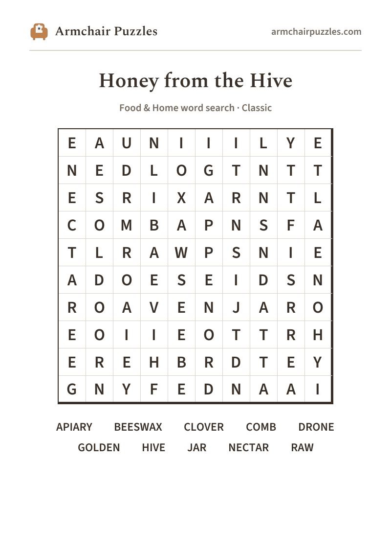 The printable Honey from the Hive word search sheet