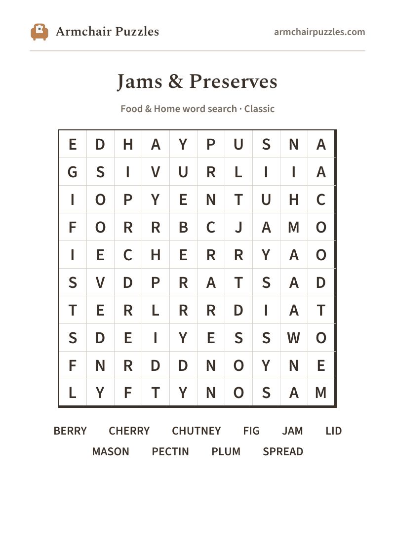 The printable Jams & Preserves word search sheet