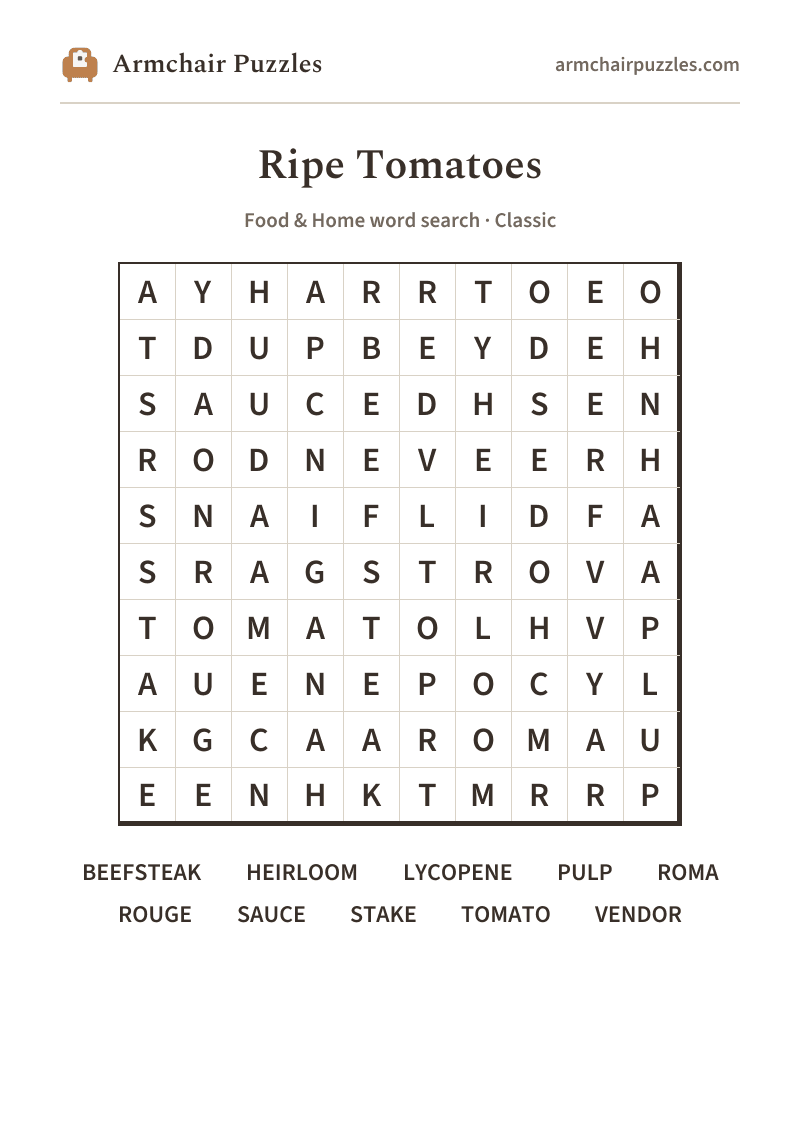The printable Ripe Tomatoes word search sheet